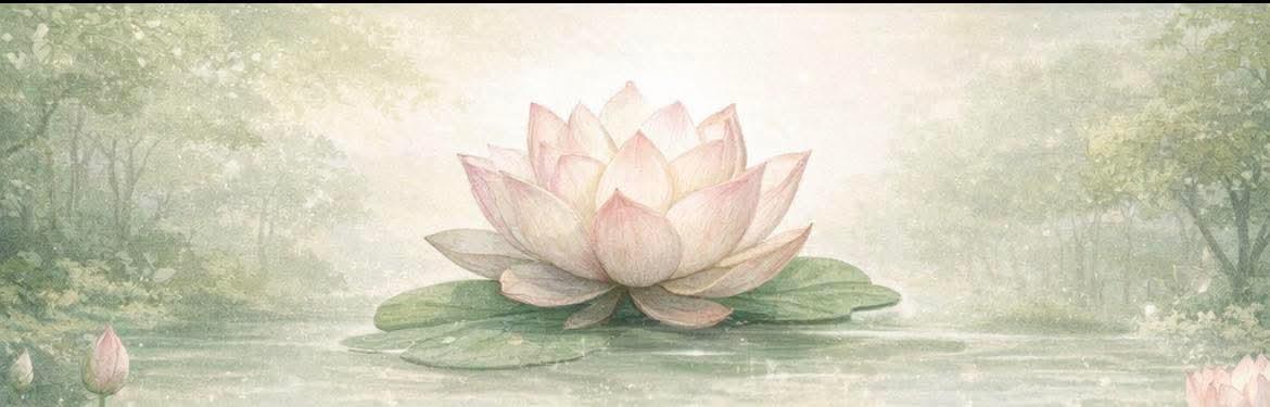 Watercolour lotus resting on still water